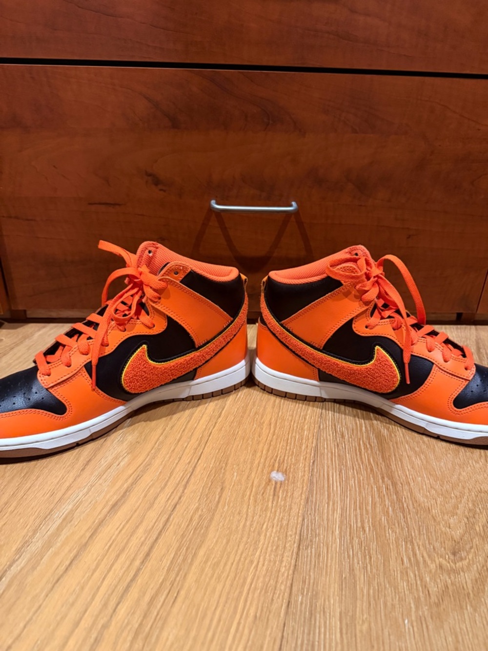 Nike Dunk High Retro Chenille Swoosh Safety Orange and Black Mid-Top Sneakers - Picture 4 of 6